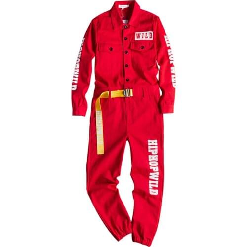 Spring Loose Overalls Mens Jumpsuit Cotton Letter Print Lapel Long Sleeve Casual Pants Hip Hop Workwear Yellow Red Trousers