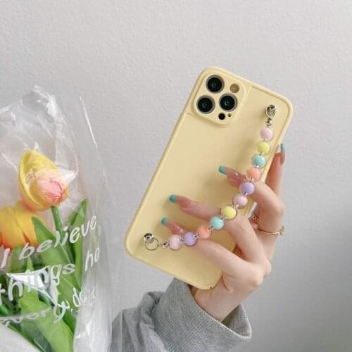 Pure Color Yellow Matte Hard PC Bead Chain Back Phone Case Cover For iPhone 7 8 Plus 11 12 Pro Max XR XS Max Skin