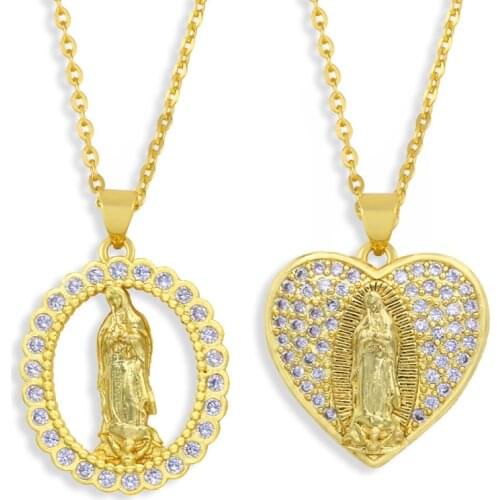FLOLA Copper CZ Virgin Mary Necklace White Stone Crystal Rhinestone Heart Necklace Pendant For Women Christian Jewelry nkew09