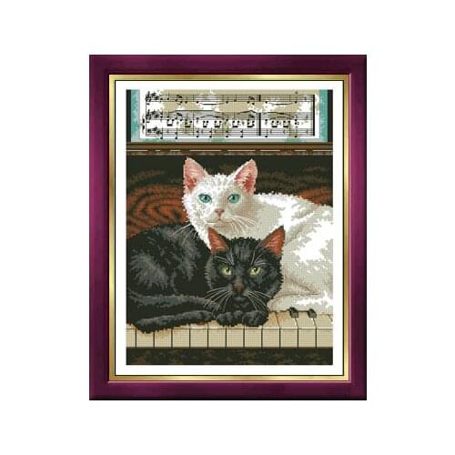 COTTON Lovely Counted Cross Stitch Kit Fuzzy Kitten Kitty Cat Black White Cats Kittens on Piano Music dim 35269