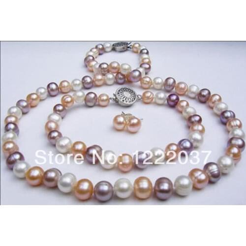 Natural 8-9mm Multicolor Freshwater pearl Necklaces Bracelets Earrings sets
