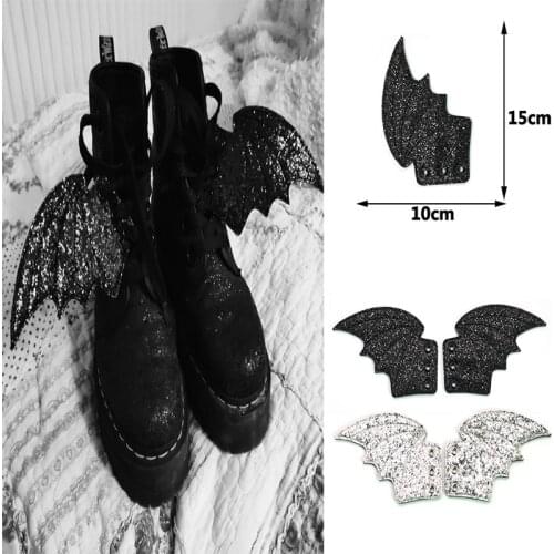 New Old Black Silver Glitter Bats Shoes Wings Decorations Shoe DIY Accessory Black Big Bat Wings Ornament