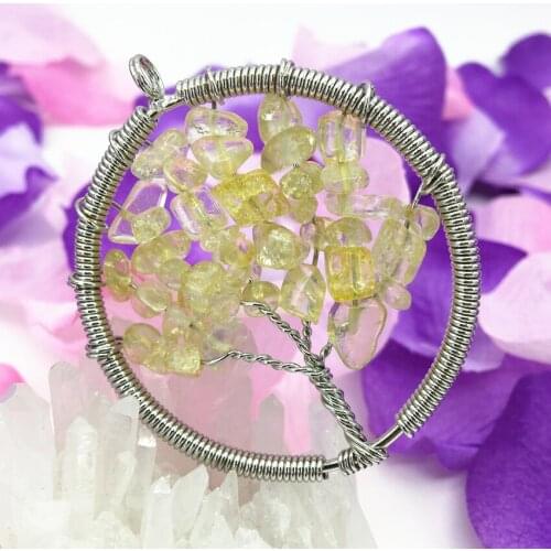 New fashion yellow crystal irregular gravel handmade round pendant for women 50mm plate wire winding energy jewelry B3056