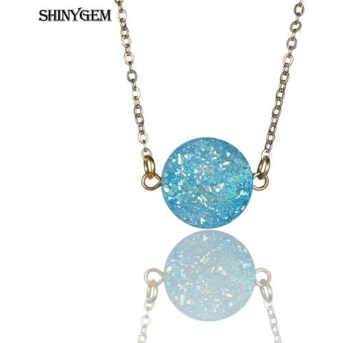 ShinyGem Lucky Druzy Beads Pendant Necklaces Gold Chain Natural Gem Stone Necklace Smooth Flat Round Crystal Necklaces For Women