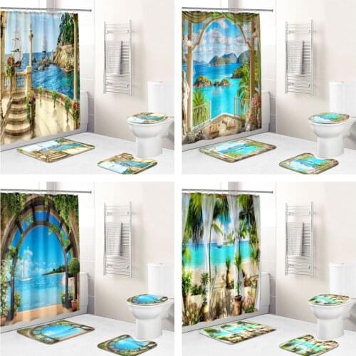 Beach Landscape Printing Waterproof Fabric Bathroom Accessories Shower Curtain Cover Non-slip Floor Mat Bathroom Cover Bath Mat