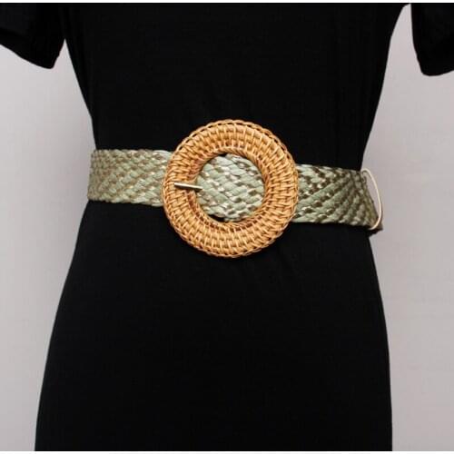 Vintage Braided Waist Belt Female Belt Handmade Big Round Weaving Buckle Fake Straw Wide Belts For Women Elastic Strech Belt