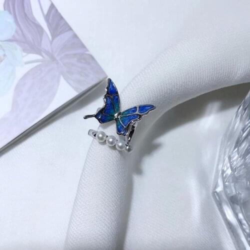 S925 Silver Empty window Enamel Unilateral Butterfly Pearl Earbone clip women Earring,original design freshwater pearls Jewelry