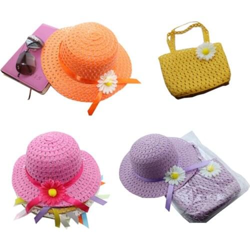 Flower Sun Straw Hat Girl Durable Portable Summer Sun Cap Outdoor Riding with 2 Handles Summer Leisure Play Beach Hats