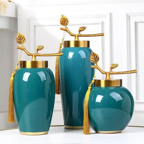 Modern Simple Light Luxury Ceramic Flower Vase Dark Blue Hydroponic Flower Pot Storage Box Jars Vase with Gold Lid