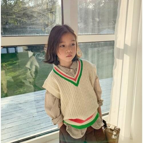 2021 Spring New Kids Vest Casual Korean Childrens V Neck Striped Knitted Waistcoat For Boys Girls Toddler Baby Fashion Vest