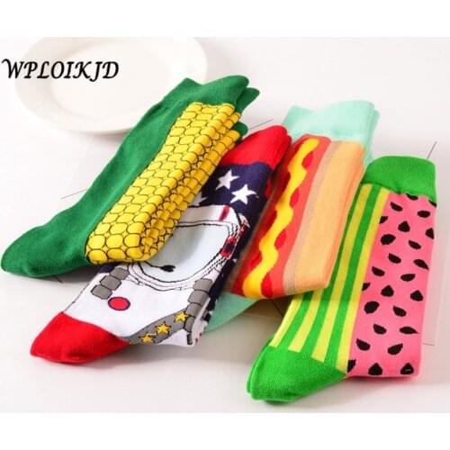 [WPLOIKJD]Funny Art Fashion Creative Character Watermelon Corn Spacemen Noodle Hot Dog Cloud Spray Astronaut Patterns Crew Socks
