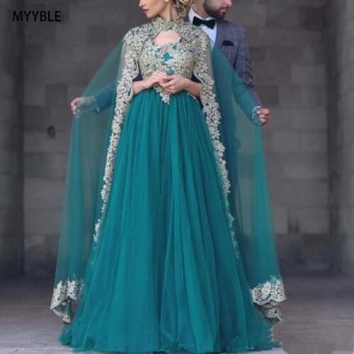 Green Muslim Evening Dresses 2018 A-line V-neck Tulle Appliques Beaded Islamic Dubai Saudi Arabic Long Elegant Evening Gown