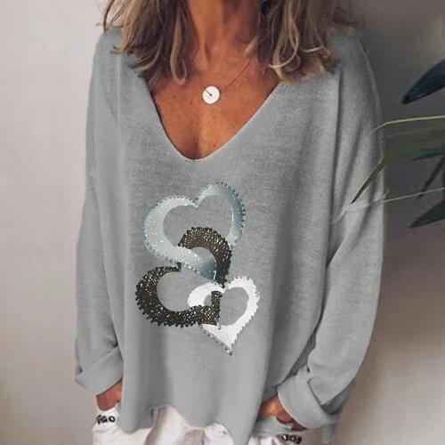 Womens V-neck Tee Long Sleeve Oversize T-shirt Spring Plus Size Casual Loose Shirt Valentines Day 2021 Creative Love Print Top