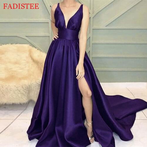 New Style Sexy Deep V-neck Satin Prom Dresses Vestido De Noiva Robe De Soirée De Mariage Evening Party Gowns Side Slit