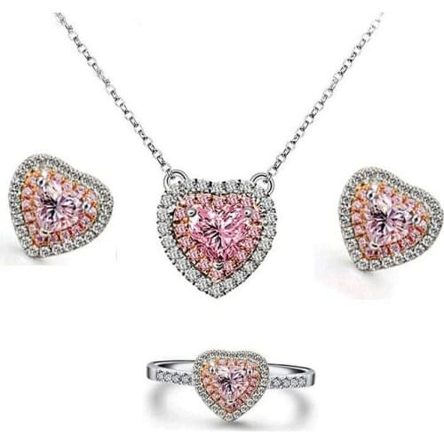 Luxury Jewelry Handmade 925 Sterling Silver Pave White&Pink 5A Zirconia CZ Women Wedding Ring Earring Necklace Jewelry Set Gift
