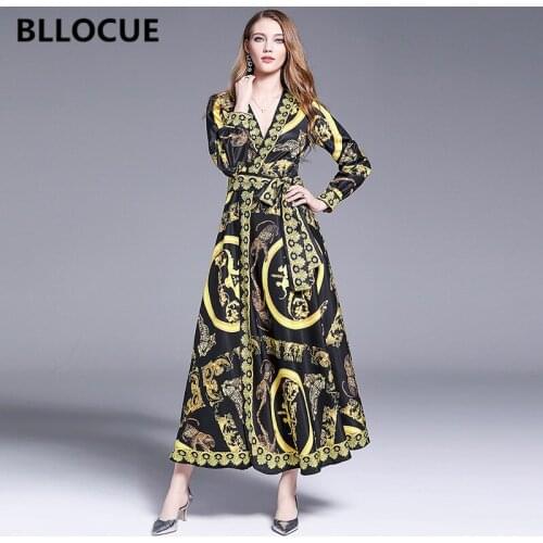 BLLOCUE Fashion Designer 2019 Autumn Runway Maxi Dress Women Long Sleeve V-Neck Kimono Golden Printed Loose Split Long Dress