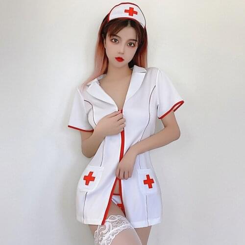 2020 Sexy Lingerie Deep V Cardigan Tight-Fitting Double Zipper Nurse Clothes Pocket Decoration Cosplay Passion Hot Uniform Suit
