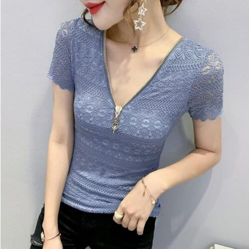 2021 Summer Sexy Lace Tops Fashion Casual Short Sleeve zipper V-Neck Womens T-Shirt Plus Size Hollow Out Female Clothes