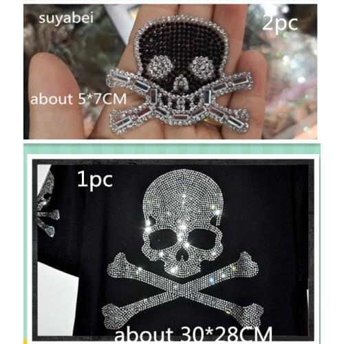 3pc/lot Big and small Skull stass transfer applique hot fix rhinestone transfer motifs iron on applique patches for shirt