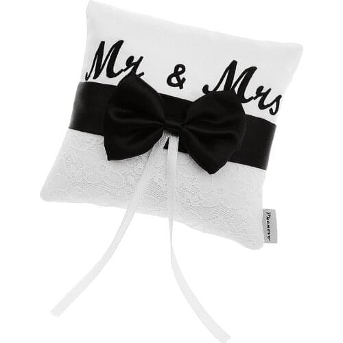 Black White Ribbon Bowknot Wedding Ring Bearer Pillow 15cm x 15cm for Wedding Party Decoration Gift Favor