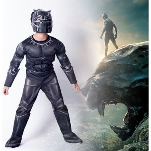 Black Panther Cosplay Kids Child Boys Black Panther Muscle Costume Jumpsuit Bodysuit Halloween Cosplay Costume Outfit