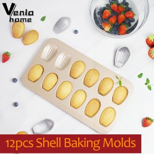 Venlohome 12-Cavity Shell Cake Mold Nonstick Biscuit Pan Madeleine Pan Chocolate Mold Baking Pan Baking Cake Mould Cooking Tools