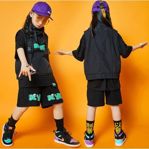 Hip Hop Costumes Boys Street Dance Outfit Black Vest T-shirt Pants Short Sleeves Performance Suit Girls Hip-Hop Clothing BL5748