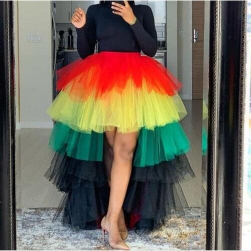 Multi color Long Tulle Skirts Elegant Tiered Female Tutu Skirt Style High Low Ruffle Asymmetrical Rainbow Skirts