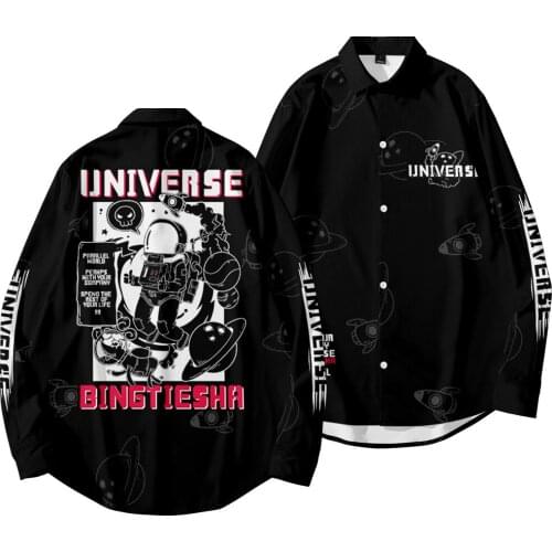 Hawaiian Style Mens Long Sleeve Astronaut Print Vacation Plus Size Casual Stand Collar Button Loose Shirt Apparel Comfort Tops