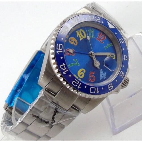 40mm Automatic Men Watch Ceramic Bezel Brushed Oyster Strap GMT Sapphire Glass Screwdown Crown Blue Dial