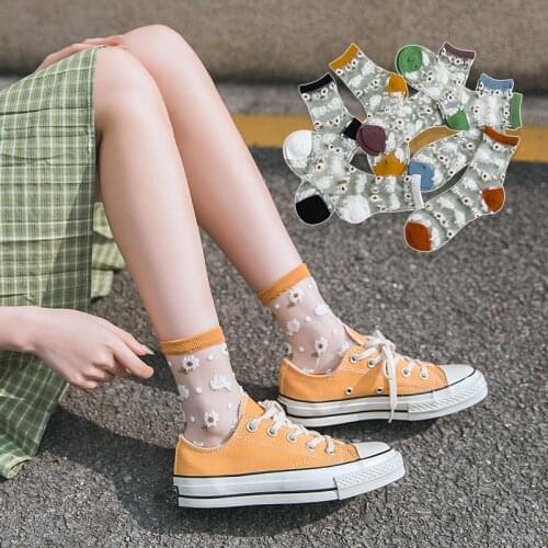 Colorful Daisy Ultra Sheer Floral Socks Women Best Sheer Lace Ruffle Cozy Elastic Mesh Frill Trim Transparent White Ankle Socks