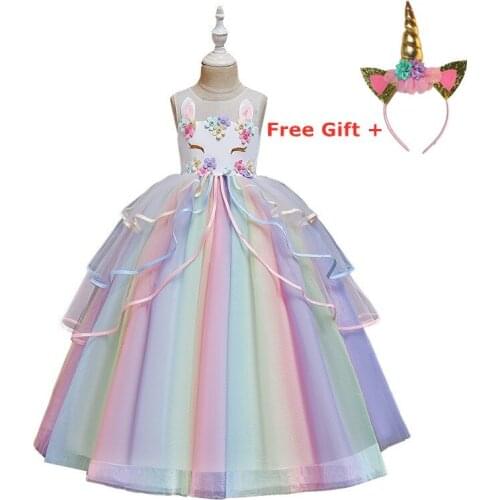 New 2020 fantasy Rainbow Unicorn Cosplay Girls Dress Licorne Long Gown Children Carnival Party Dresses for Girls Formal Clothes