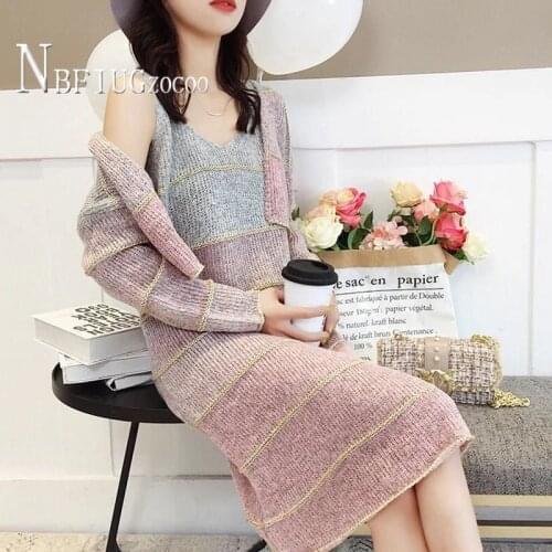 2020 Autumn New Korean Knitting Women Sets Cardigan And Dress Colorful Female Sets