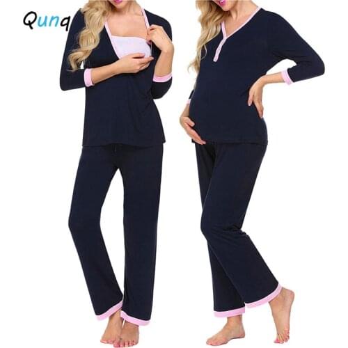 Qunq Nursing Pajamas Set for Women 2020 New Cotton Casual Lounge Outfits V-neck Long Sleeve Shirt Pants 2pcs Maternity Sleepwear
