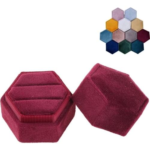 Hexagon Velvet Ring Box Double Ring Display Holder with Detachable Lid Ring Box Holder for Wedding Ceremony