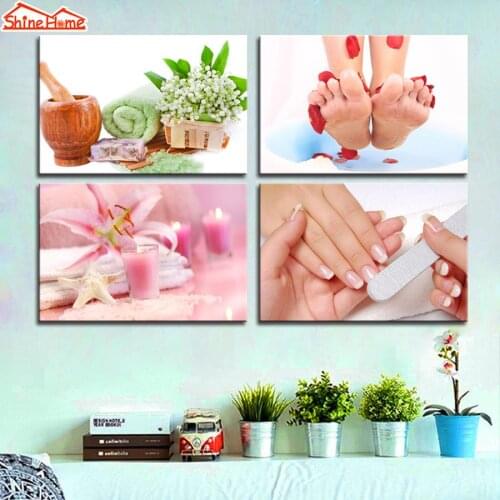 ShineHome-Custom 4 Panel Candle SPA Body Nail Salon Oil Paintings on Canvas Decorative Pictures Photos Prints on The Wall Art