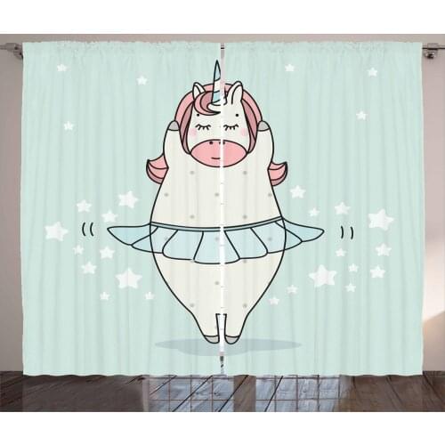 Ballerina Unicorn Curtains Dancing Funny Magic Pony Satin Fabric Drapes for Living Room Bedroom 2 Panel Window Set