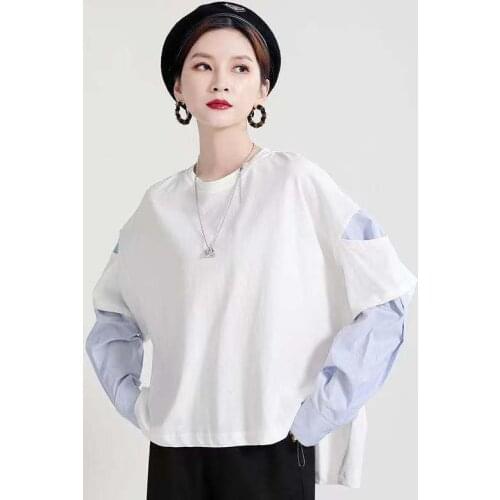 Autumn New Ladies Temperament Personality Stitching Fake Two-piece Tops Round Neck Long-sleeved All-match Womens T-shirt WH73