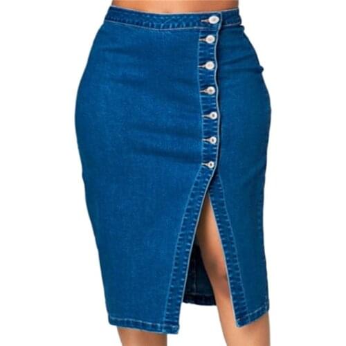 Womens Plus Size Fashions Jeans Skirt Vintage Single-breasted High Waist Bodycon Skirt Female Sexy Pack Hip Split Denim Skirts