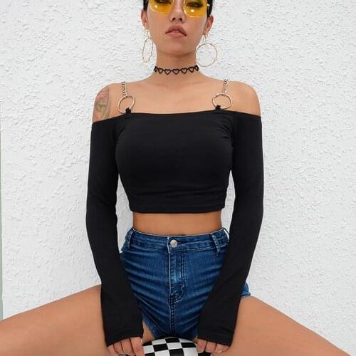 Women T-shirts Tops Sexy Off Shoulder Cropped Blouse Polyester Chain Strap Ladies Slim Club Crop Top Basic Tees Spring Autumn