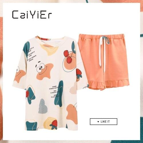 CAIYIER Japanese Summer Women Pajamas Cotton Girls Cute Cartoon Sleepwear Short Sleeve Shorts Round Neck Lounge Print Nightwear