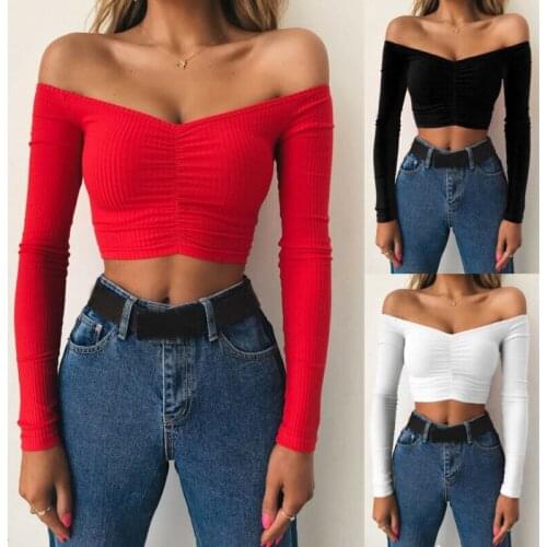 2019 New Fashion Women Bandage Off Shoulder Crop Top Long Sleeve Shirt Casual Crop Solid Slim shirt
