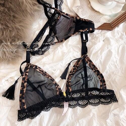 Women Underwear Wire Free Ultrathin Transparent Triangle Cup Leopard Print Bra Lingerie Tassels Front Closure Bralette T-back