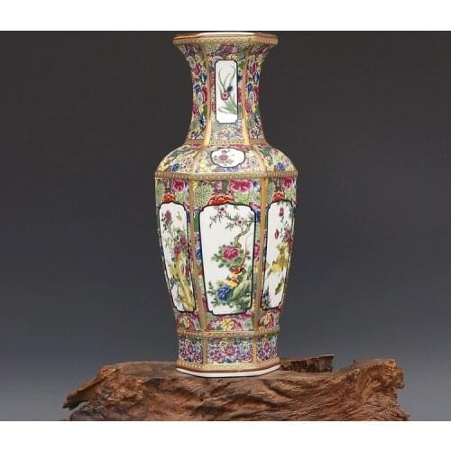 Antique Enamel Vase Porcelain Hexagonal Vase Collection of Ancient Porcelain Made in Qianlong Dynasty