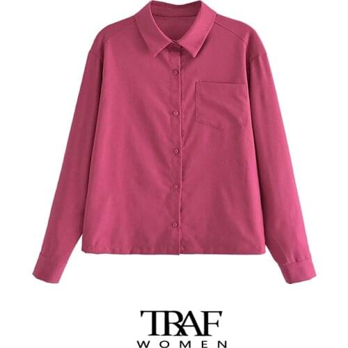 TRAF Za Women Fashion With Pockets Loose Linen Blouses Vintage Long Sleeve Button-up Female Shirts Chic Tops