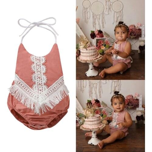 FOCUSNORM Newborn Baby Girls Halter Bodysuits Summer Sleeveless Backless Crochet Lace Tassel Jumpsuits Clothes
