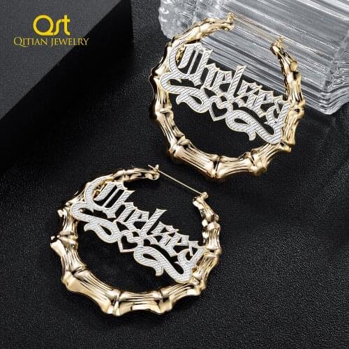Two Tone Customized Bamboo Earrings With Heart Personalized Custom Gold Plated Name Hoop Earrings For Women Hiphop Sexy Gift