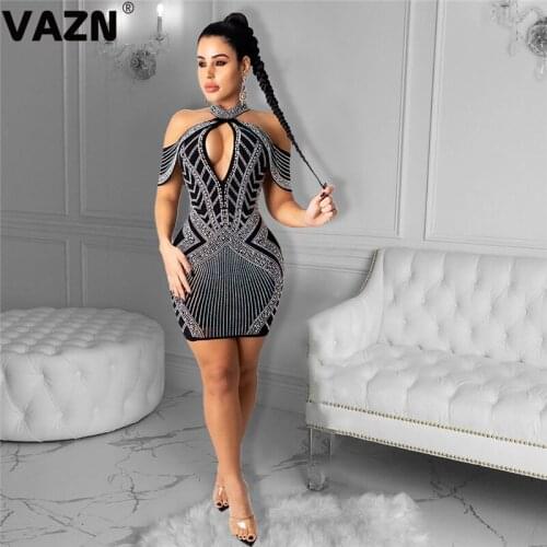 VAZN 2020 Hot High-end Black Heavy Industry Diamonds Sexy Club Halter Off Shoulder Short Sleeve Women High Waist Thin Mini Dress