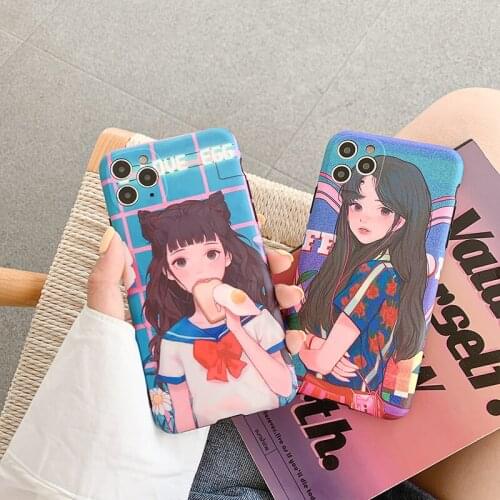 INS Kawaii Japanese Anime Illustration Girl Phone Case For iPhone 11 Pro Max Xr X Xs Max 7 8 Plus Shockproof Soft Silicone Cover