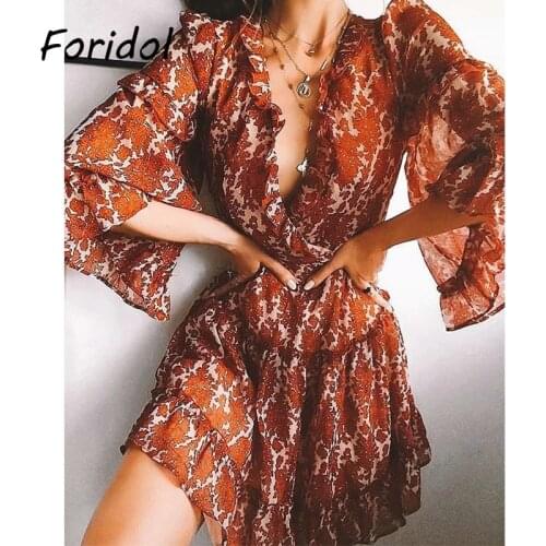 Foridol Flare Sleeve Chiffon Rompers Overalls Ruffle Wide Leg Playsuits Casual Beach Summer Boho Romper Women 2021 Floral Print